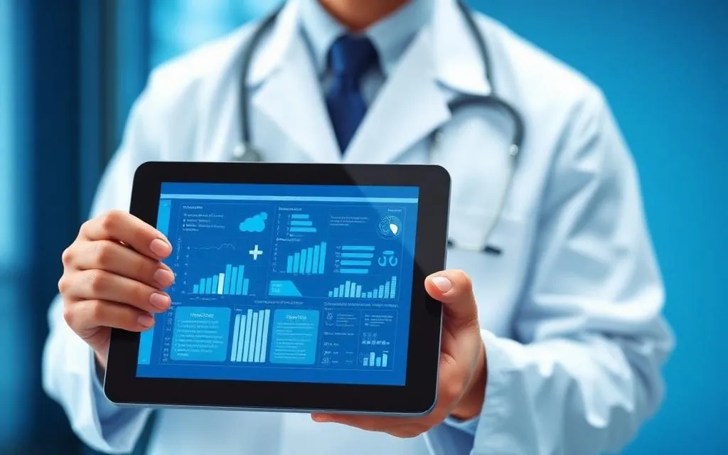 Arzt mit Tablet und digitaler medizinischer Oberfläche