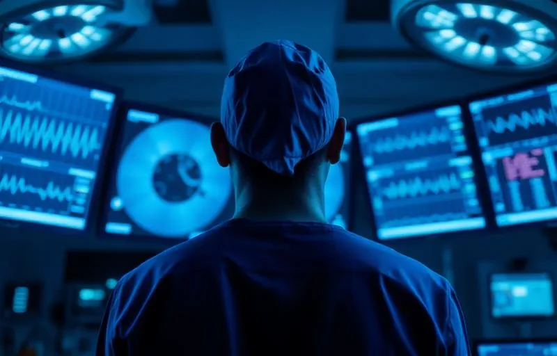 Anästhesist vor mehreren Monitoren im OP